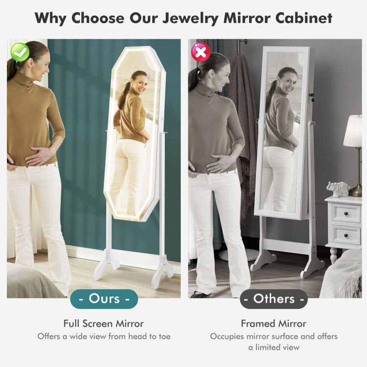 Standing Lockable Jewelry Armoire with Full Length LED Mirror