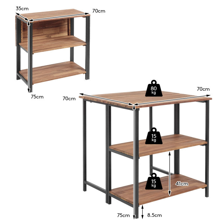 Acacia Wood Patio Folding Dining Table Storage Shelves