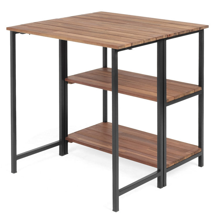 Acacia Wood Patio Folding Dining Table Storage Shelves