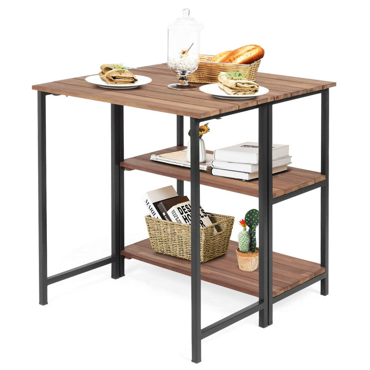 Acacia Wood Patio Folding Dining Table Storage Shelves