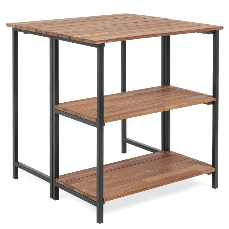 Acacia Wood Patio Folding Dining Table Storage Shelves