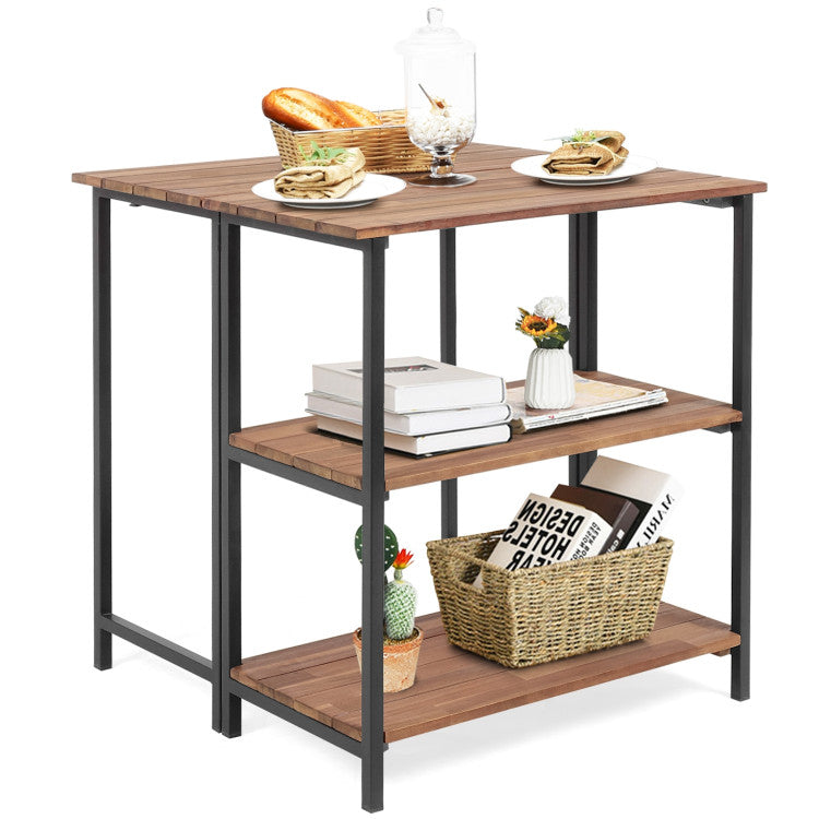 Acacia Wood Patio Folding Dining Table Storage Shelves