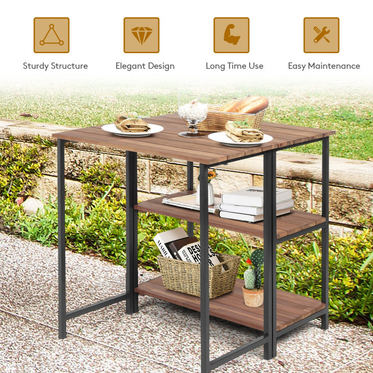 Acacia Wood Patio Folding Dining Table Storage Shelves