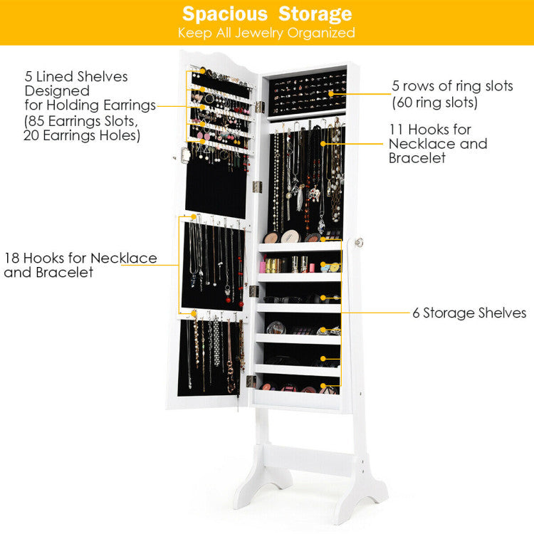 4-Angle Tilting Mirrored Lockable Jewelry Cabinet with Large Storage Capacity