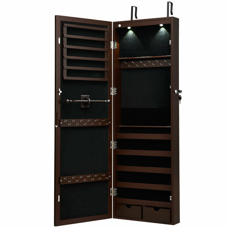 Lockable Wall Mount Mirrored Jewelry Cabinet with LED Lights