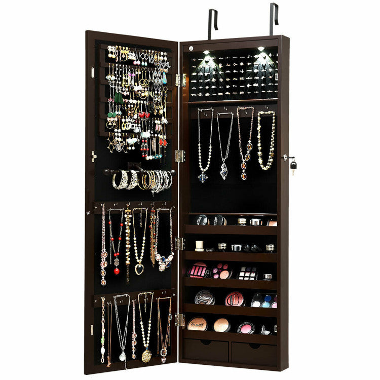 Lockable Wall Mount Mirrored Jewelry Cabinet with LED Lights