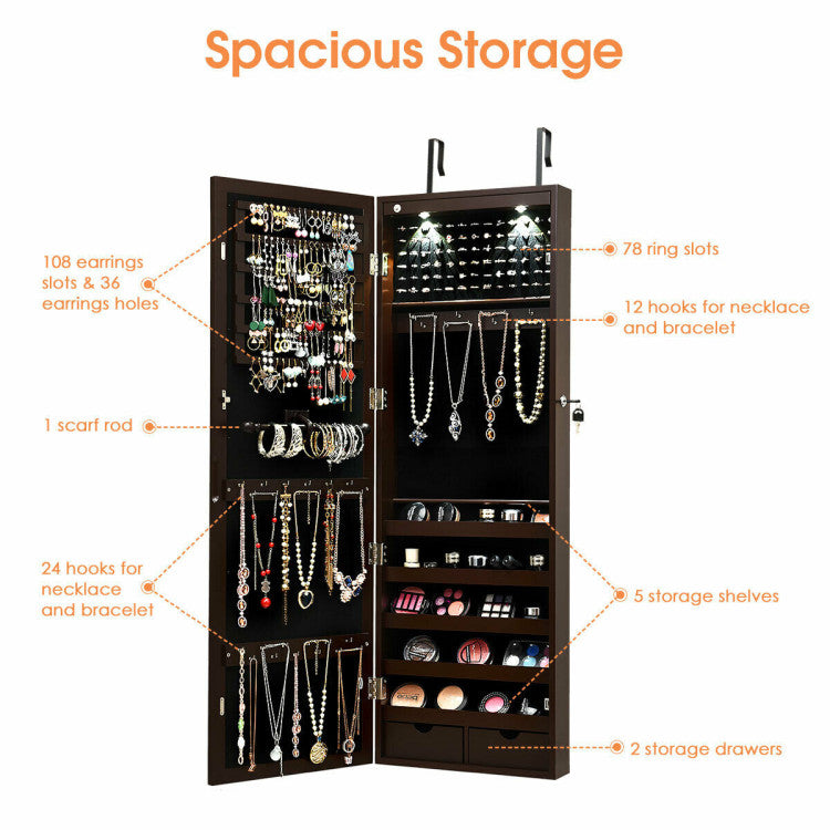 Lockable Wall Mount Mirrored Jewelry Cabinet with LED Lights