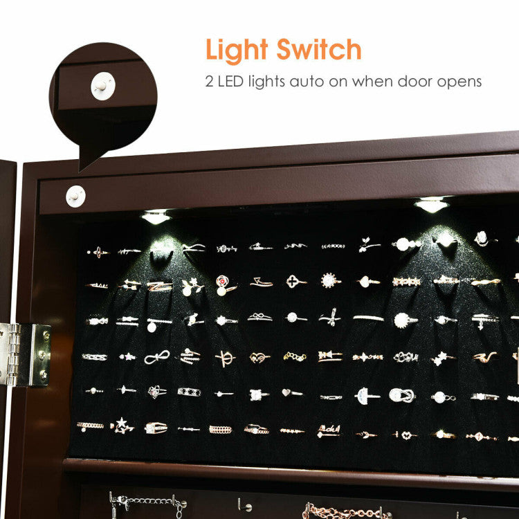 Lockable Wall Mount Mirrored Jewelry Cabinet with LED Lights