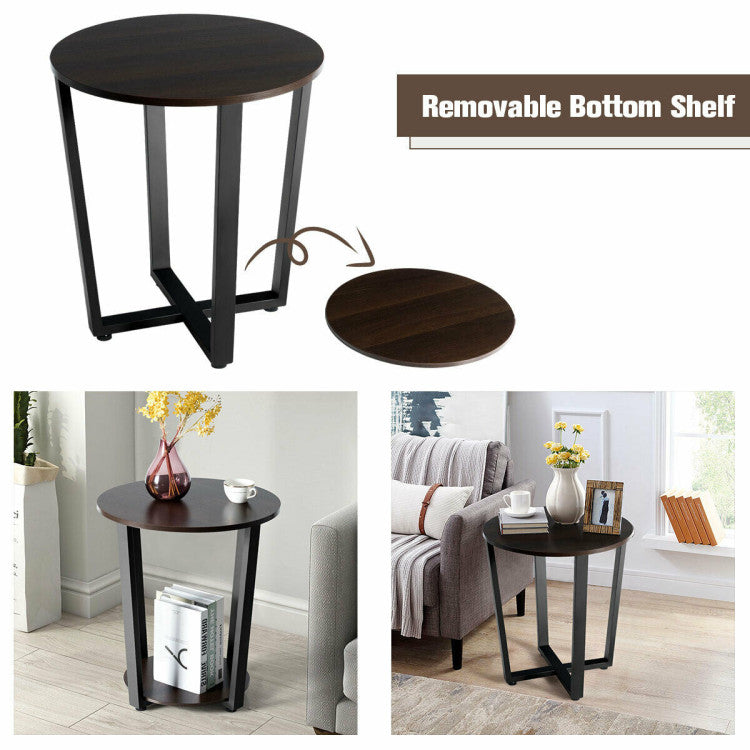 2-Tier round End Table with Storage Shelf and Metal Frame