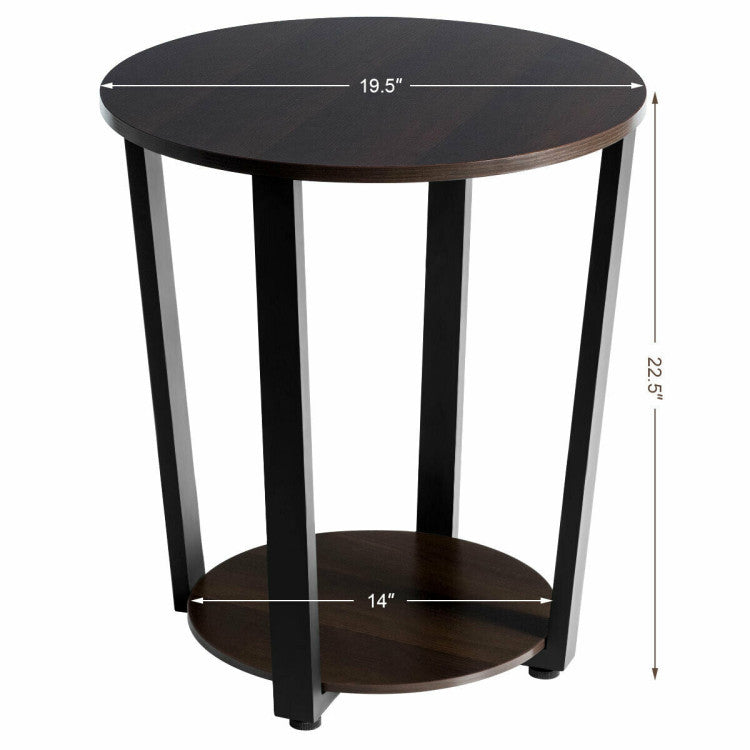 2-Tier round End Table with Storage Shelf and Metal Frame