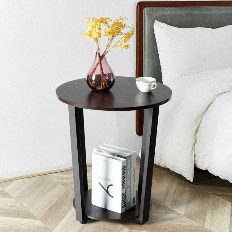 2-Tier round End Table with Storage Shelf and Metal Frame