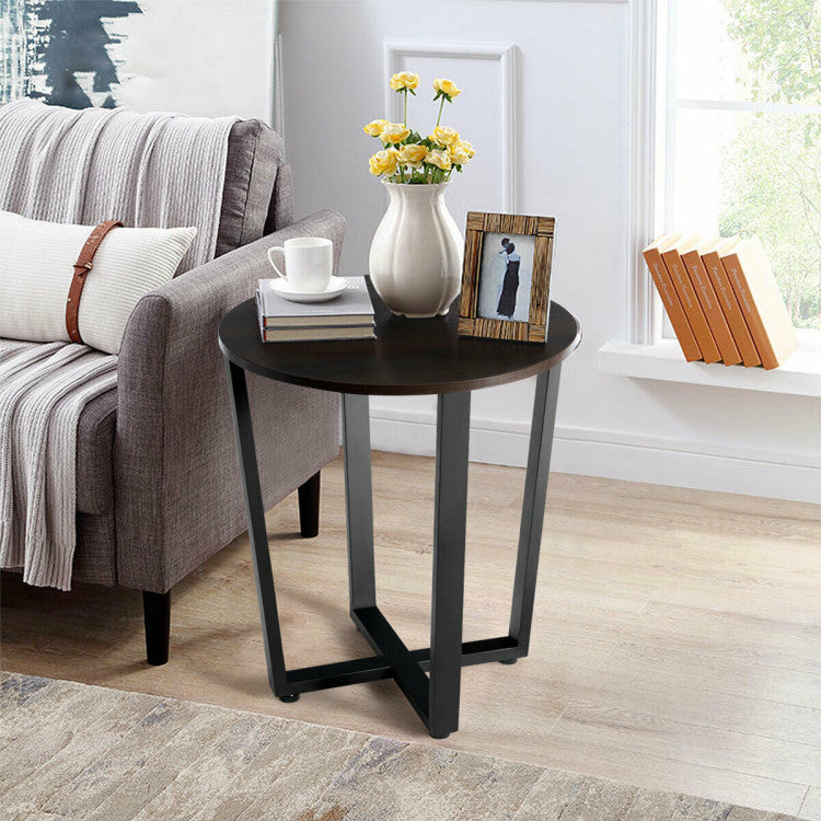 2-Tier round End Table with Storage Shelf and Metal Frame