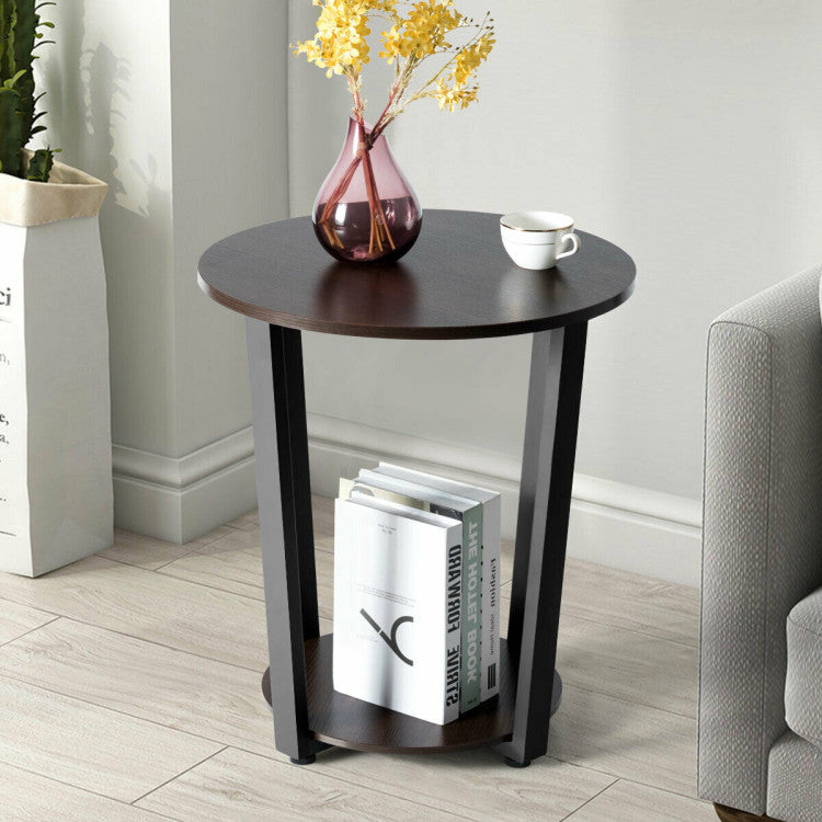 2-Tier round End Table with Storage Shelf and Metal Frame