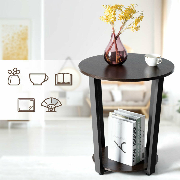 2-Tier round End Table with Storage Shelf and Metal Frame