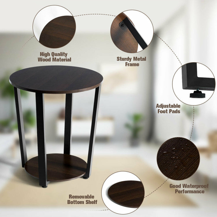 2-Tier round End Table with Storage Shelf and Metal Frame