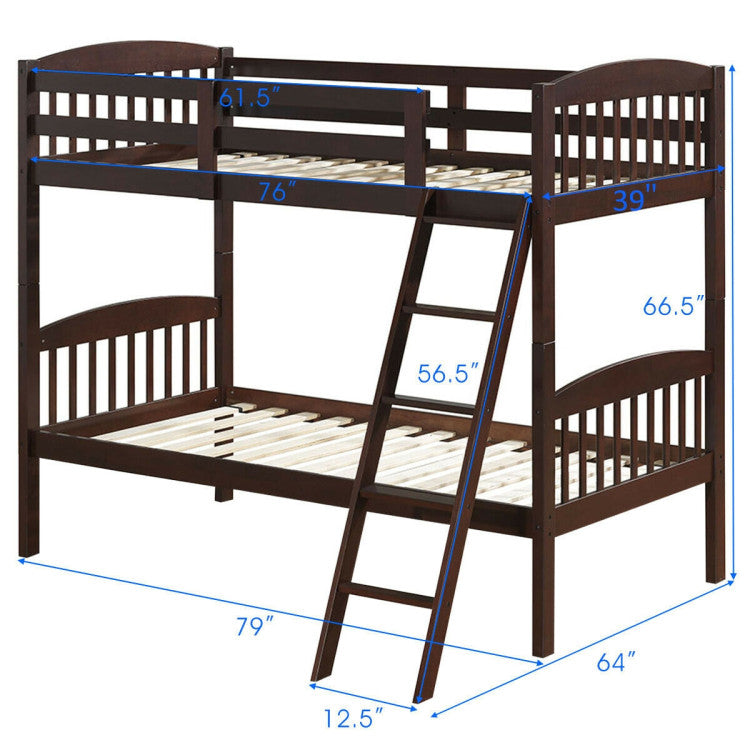 Hardwood Twin Bunk Beds with Inclined Ladder and Safety Guardrails