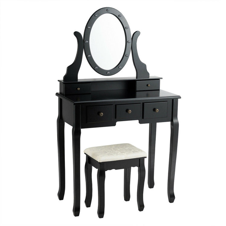 5 Drawers Vanity Table Stool Set with 12-LED Bulbs