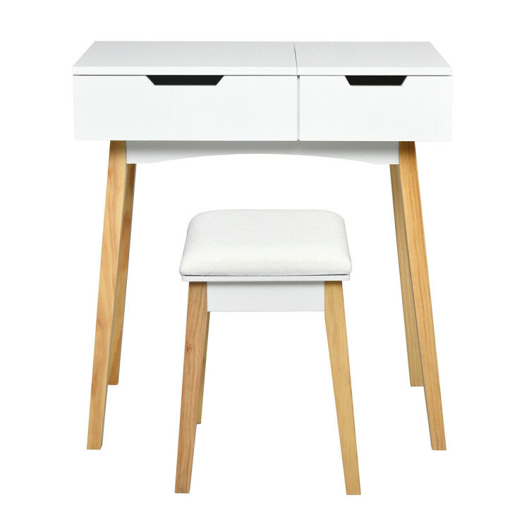 Wooden Vanity Table with Flip Top Mirror and Cushioned Stool