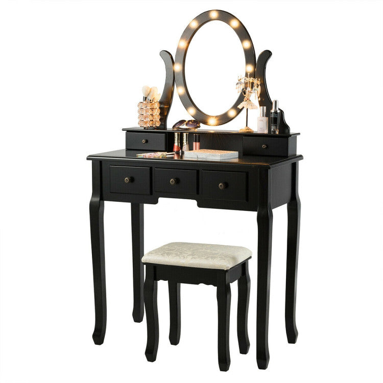 5 Drawers Vanity Table Stool Set with 12-LED Bulbs