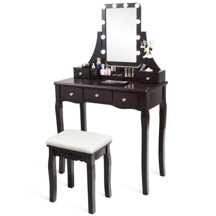 10 Dimmable Light Bulbs Vanity Dressing Table with 2 Dividers and Cushioned Stool