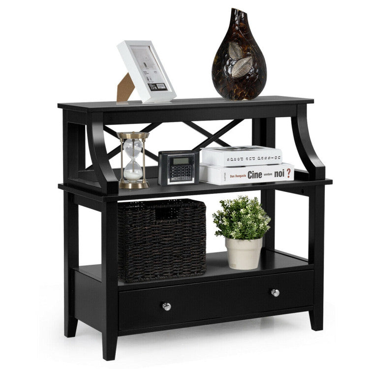 3-Tier Console Table with a Large Slide Drawer and Storage Shelves