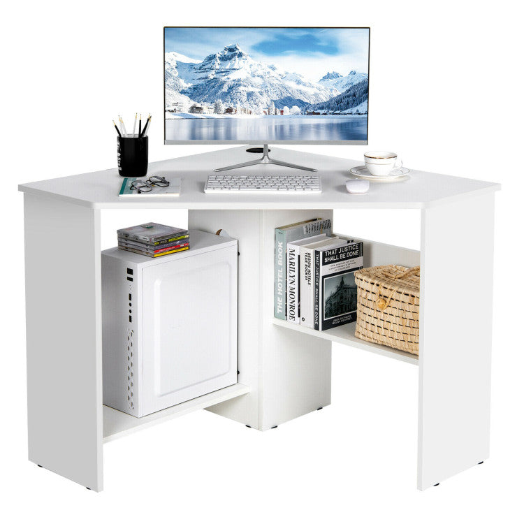 Corner Computer Desk Triangle Writing Workstation with Storage Shelf