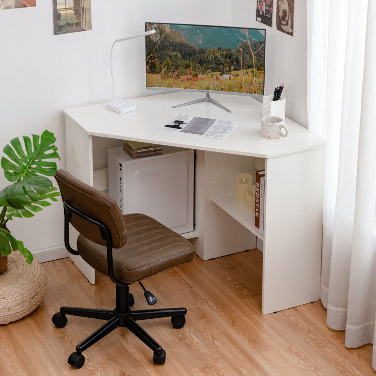 Corner Computer Desk Triangle Writing Workstation with Storage Shelf