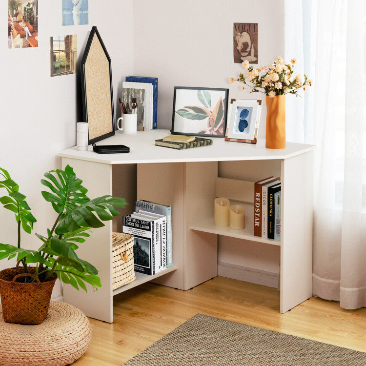 Corner Computer Desk Triangle Writing Workstation with Storage Shelf