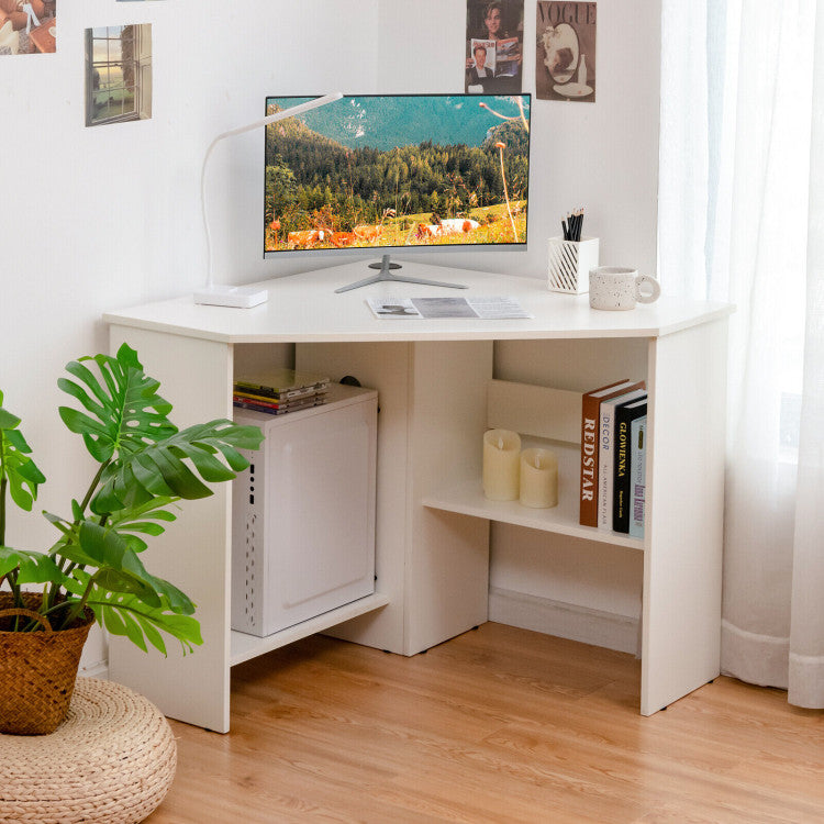 Corner Computer Desk Triangle Writing Workstation with Storage Shelf