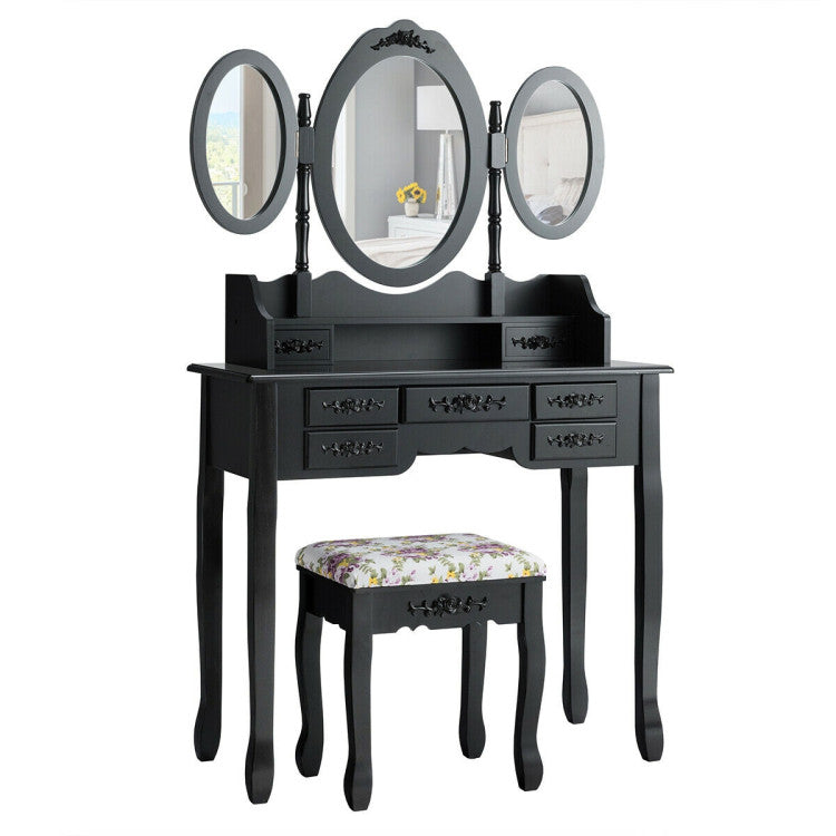 Vanity Set with Tri-Folding Mirror and Cushioned Stool