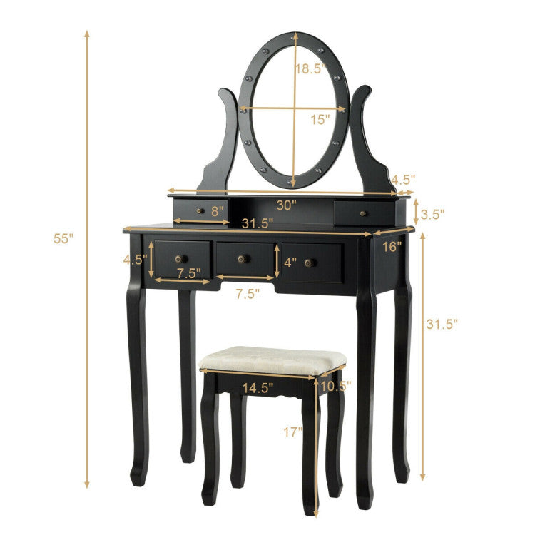 5 Drawers Vanity Table Stool Set with 12-LED Bulbs