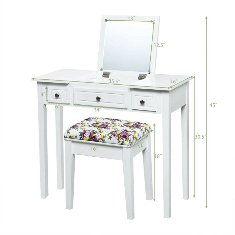 Vanity Dressing Table Set with Flip Top Mirror and 3 Drawers