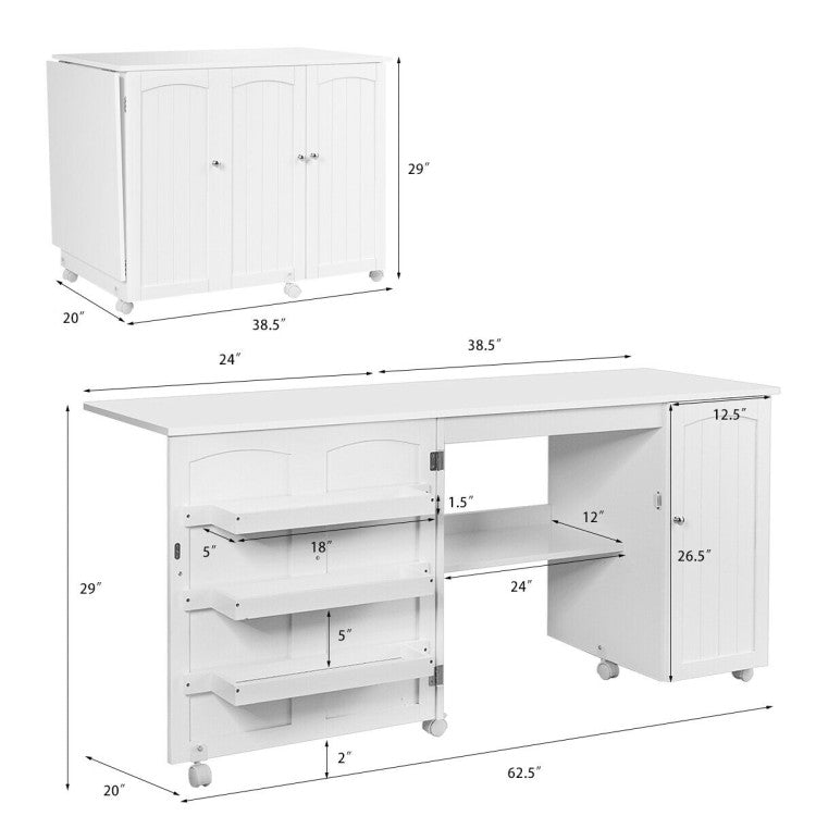 Folding Large Sewing Table Storage Shelves and Lockable Casters