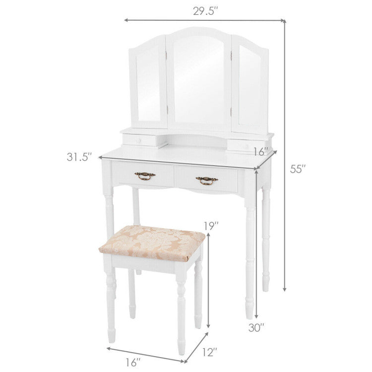 Simple Vanity Set with Tri-Folding Mirror Drawers and Storage Shelf