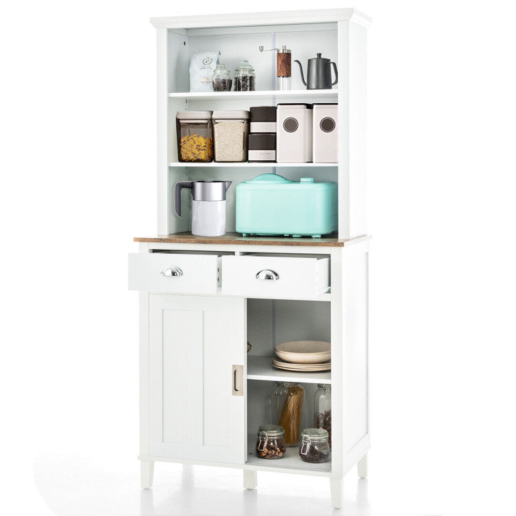 Freestanding Kitchen Pantry with Hutch Sliding Door and Drawer