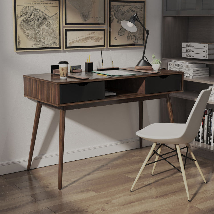 Mid Century Wooden Computer Desk with Storage Drawers