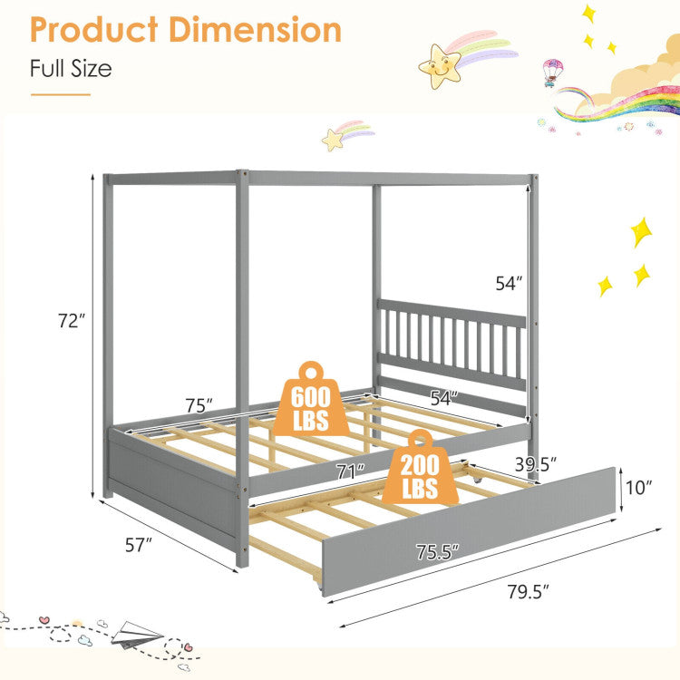 Full Size Canopy Bed Frame with Trundle and Headboard for Kids