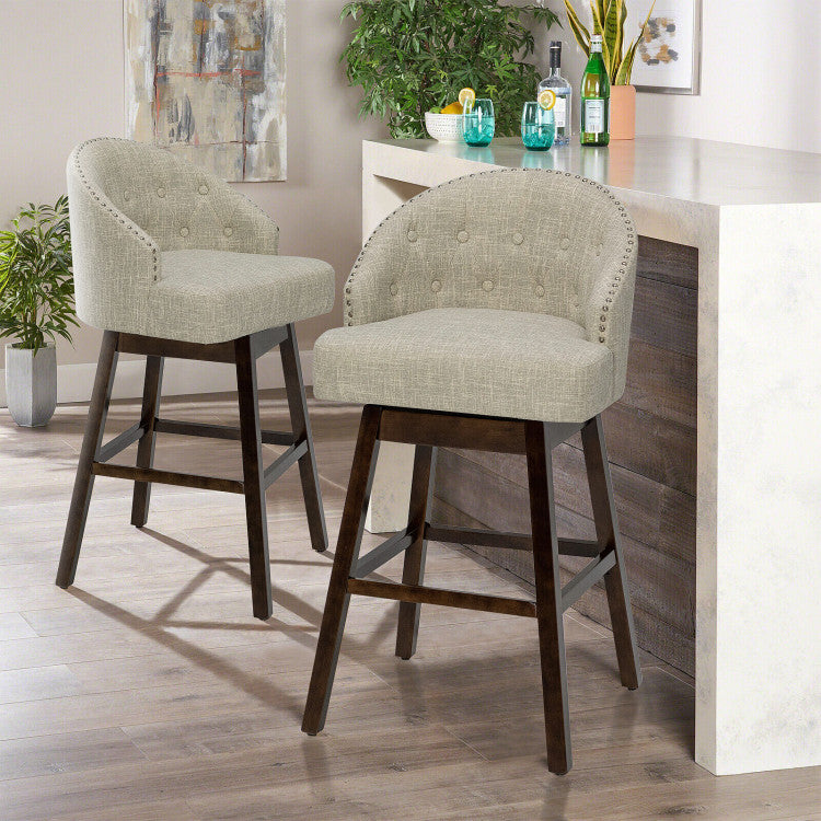 Set of 2 Swivel Bar Stools with Rubber Wood Legs and Padded Back