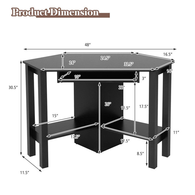 Wooden Study Computer Corner Desk with Keyboard Tray