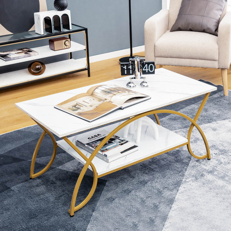 2-Tier Faux Marble Coffee Table with Marble Top and Metal Frame