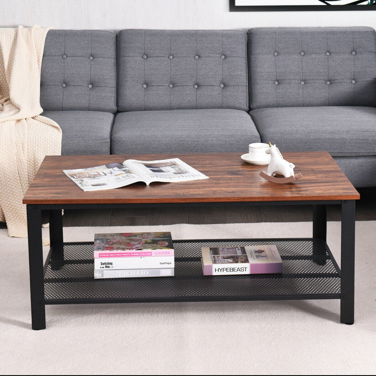 2-Tier Industrial Coffee Table Console Table with Storage Shelf