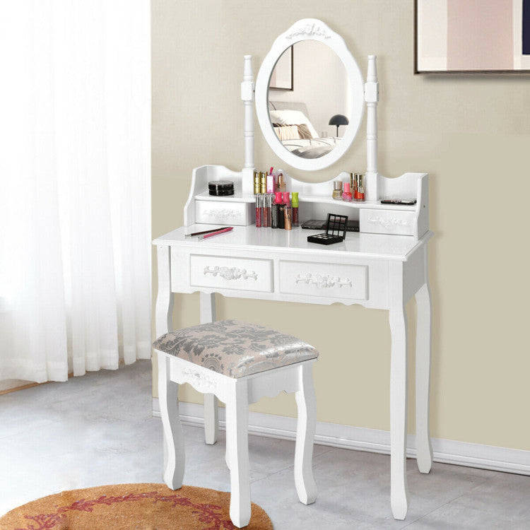 Vanity Table Set with Oval Mirror and 4 Drawers