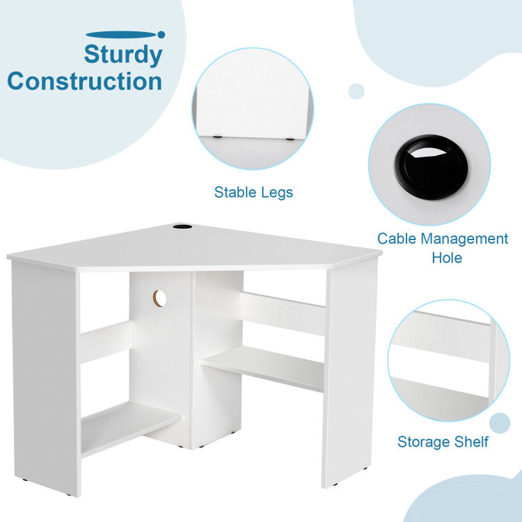 Corner Computer Desk Triangle Writing Workstation with Storage Shelf