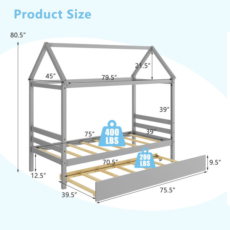 Twin Size Wood House Bed Frame with Trundle for Girls & Boys