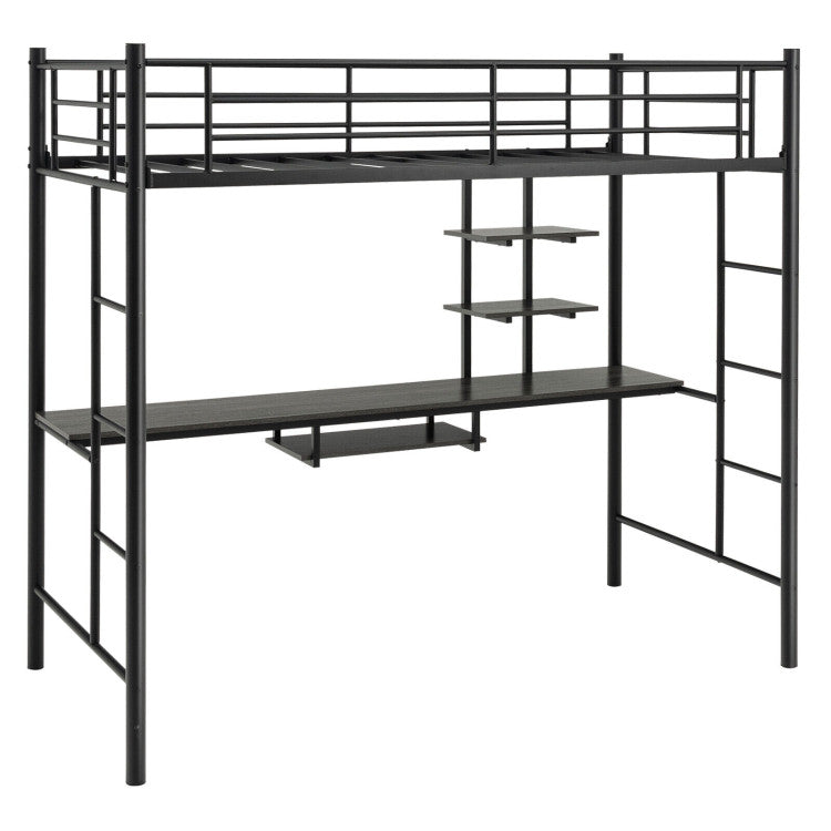 Twin Size Loft Bunk Bed with Desk Storage Shelf and Full-Length Ladders