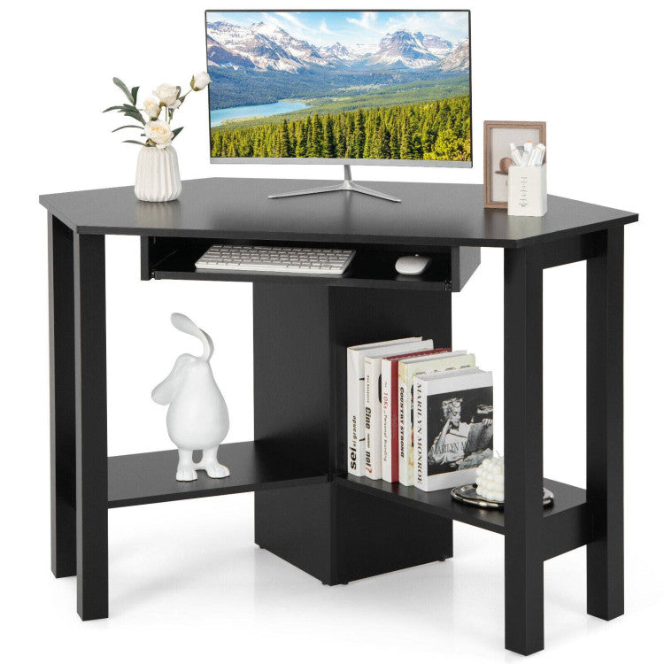 Wooden Study Computer Corner Desk with Keyboard Tray