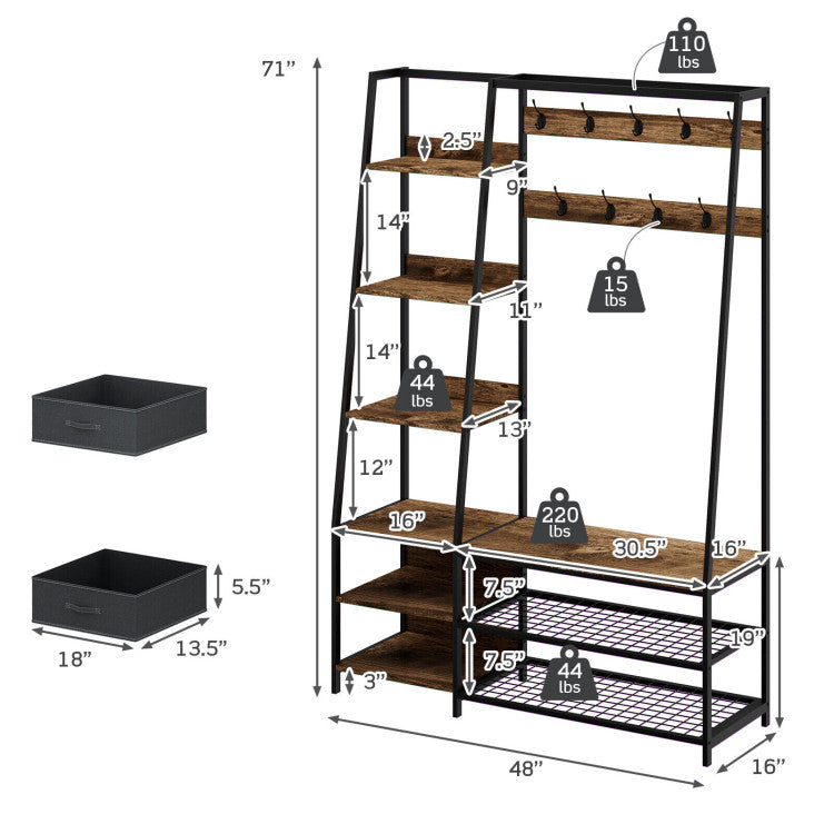 6-In-1 Freestanding Hall Tree Coat Rack with Bench and Fabric Dressers