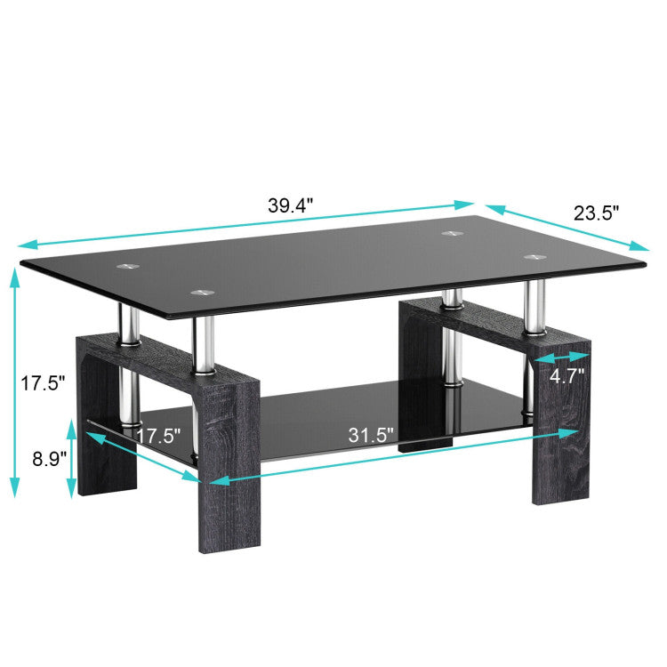 Rectangular Tempered Glass Coffee Table End Side Table with Shelf