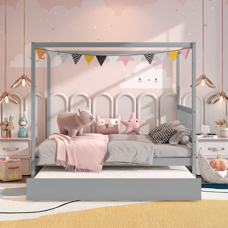 Full Size Canopy Bed Frame with Trundle and Headboard for Kids