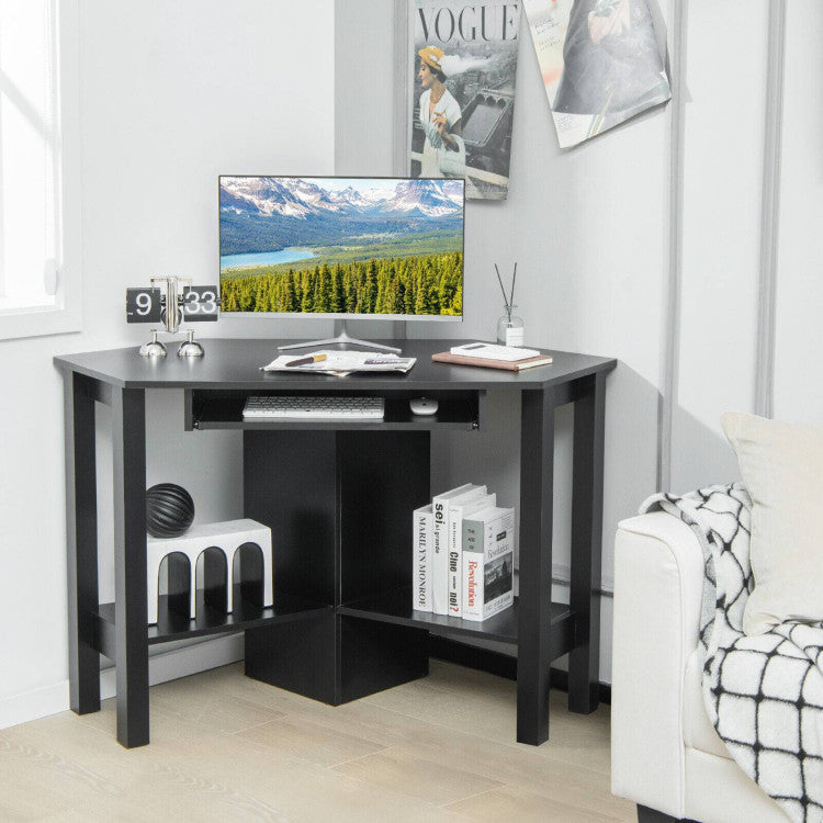 Wooden Study Computer Corner Desk with Keyboard Tray